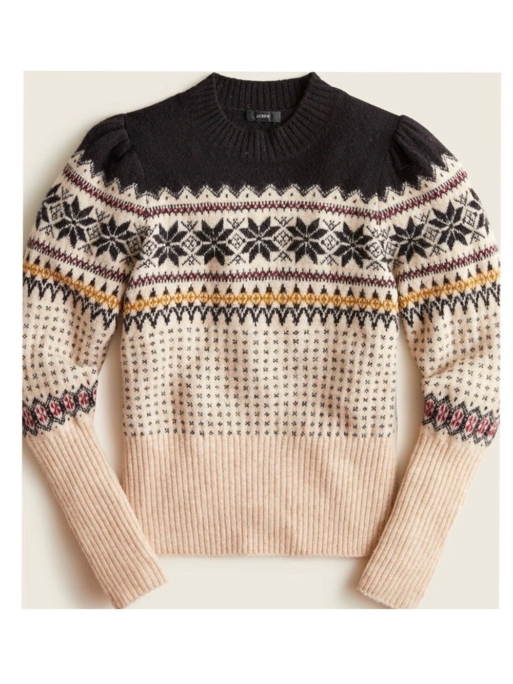 Fair Isle Sweater Puff Sleeve Crewneck Merino Wool Alpaca Preppy Small Cabincore